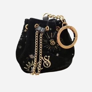 Victoria's Secret Black Velvet Celestial Mini Coin Pouch Bag Keychain Stars